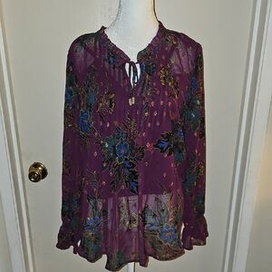 Liz Claiborne Career Purple Floral Semi-Sheer Blouse Metallic Print Boho